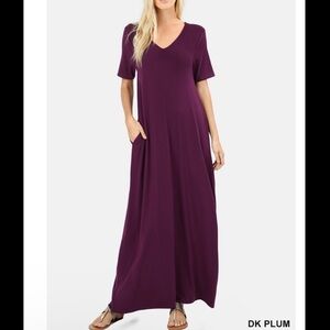 Zenana Premium Large Purple Short Sleeve Long Maxi Dress. With Pockets